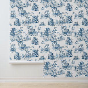 Vintage-Chinoiserie-Leoparden-Pagode Navy & Weiß Tapete