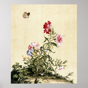 Vintage-Chinoiserie-Nelken- und Schmetterlingskuns Poster
