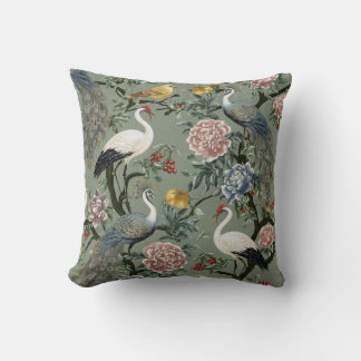 Vintage-Chinoiserie-Pfau-und-Kranich-Blumenmuster Kissen