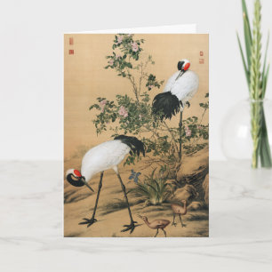 Vintage-Chinoiserie Rotkronenkraniche und Rosen Feiertagskarte