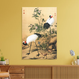 Vintage-Chinoiserie Rotkronenkraniche und Rosen Leinwanddruck