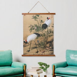 Vintage-Chinoiserie Rotkronenkraniche und Rosen Wandteppich Mit Holzrahmen