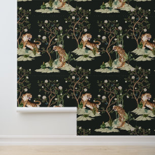 Vintage-Chinoiserie-Tiger, Pfingstrosen, Bäume Sch Tapete