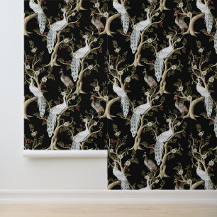 Vintage Chinoiserie Weißer Pfau Päonie Schwarz Tapete