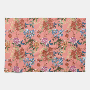 Vintage-Chintz-Blumenmuster auf Korallenhintergrun Geschirrtuch