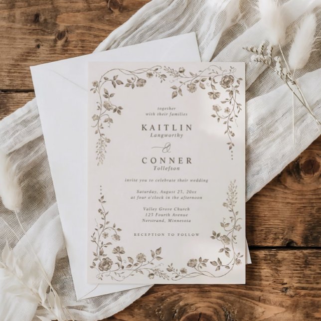 Vintage Chocolate Brown French Floral Wedding Einladung (Ivory wedding invite with chocolate brown vintage floral frame in toile de jouy style)