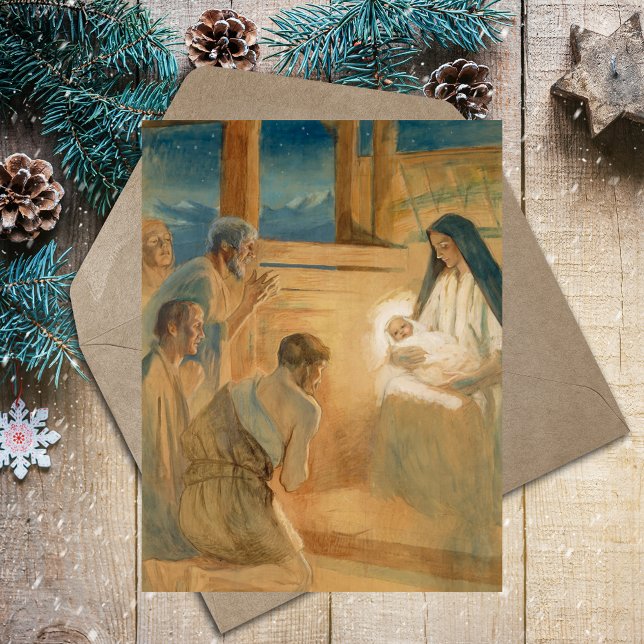 Vintage Christliche Weihnachtsbauern Feiertagspostkarte (Vintage Christian Christmas Nativity Scenve Adoration of the Shepherds Catholic Holiday Postcard)