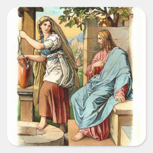 Vintage-Christlicher Aufkleber-Frau am Brunnen Quadratischer Aufkleber