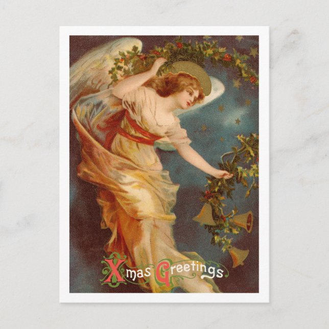 Vintage Christmas Ange, Xmas Greeting Calligraphy Feiertagspostkarte (Vorderseite)