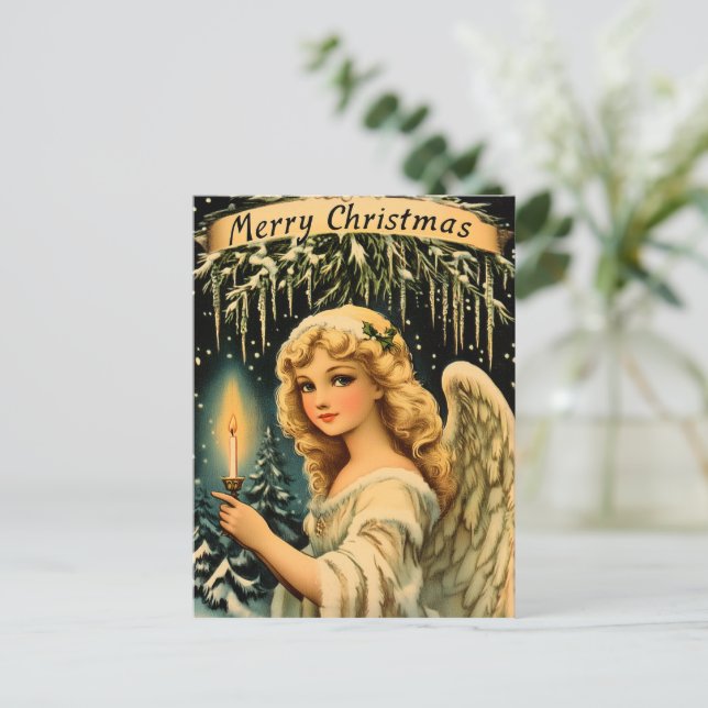 Vintage Christmas Angel Feiertagspostkarte (Stehend Vorderseite)