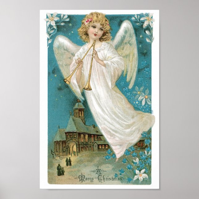 Vintage Christmas Angel spielt Trumpet Poster (Vorne)