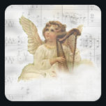 Vintage Christmas Angel Sticker<br><div class="desc">Ein Vintager Engel spielt eine Harfe auf einer Wolke. Im Hintergrund ist eine Blätter Noten hinter dem Nebel von Wolken.</div>