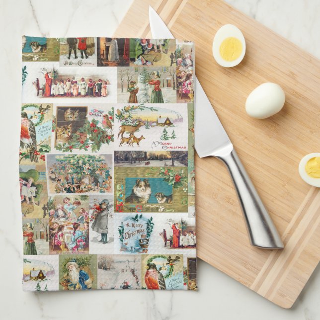 Vintage Christmas Antique Collage Geschirrtuch (Viertel Falte)