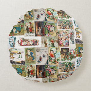 Vintage Christmas Antique Collage Rundes Kissen