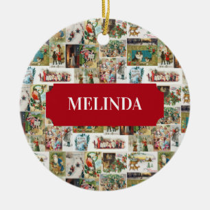 Vintage Christmas Antique Collage Xmas Custom Name Keramik Ornament