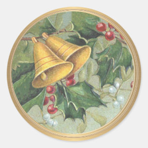 Vintage Christmas Bell Holly Mistletoe Gold Runder Aufkleber