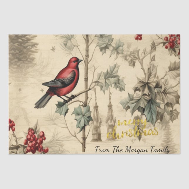 Vintage Christmas Birds Holly Berry Seidenpapier (Vorderseite)