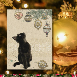 Vintage Christmas Black Cat Looking At Ornaments Feiertagspostkarte