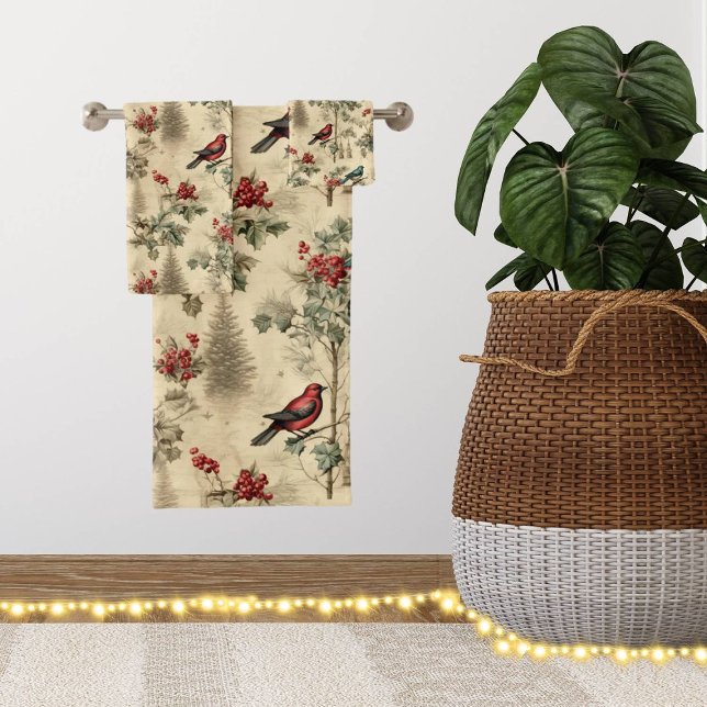 Vintage Christmas Blue Jay Red Mockingbird Badhandtuch Set (Von Creator hochgeladen)