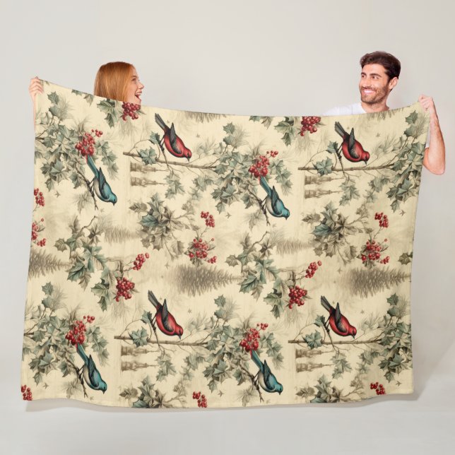 Vintage Christmas Blue Jay Red Mockingbird Fleecedecke (Beispiel)