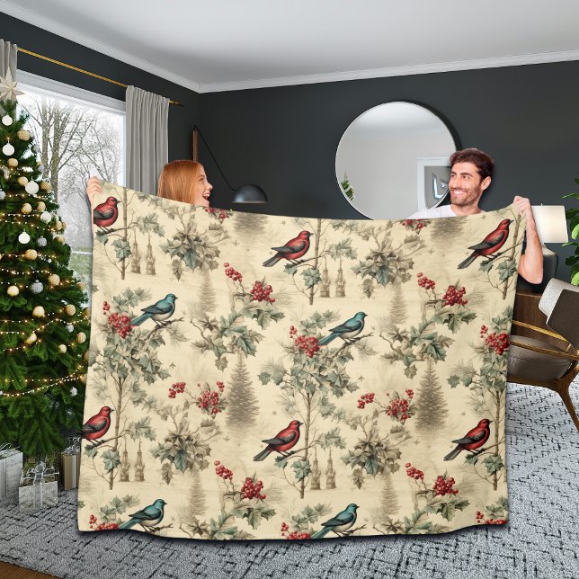 Vintage Christmas Blue Jay Red Mockingbird Fleecedecke (Von Creator hochgeladen)