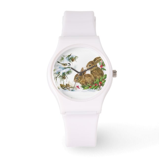 Vintage Christmas Bunnies Armbanduhr (Vorderseite)