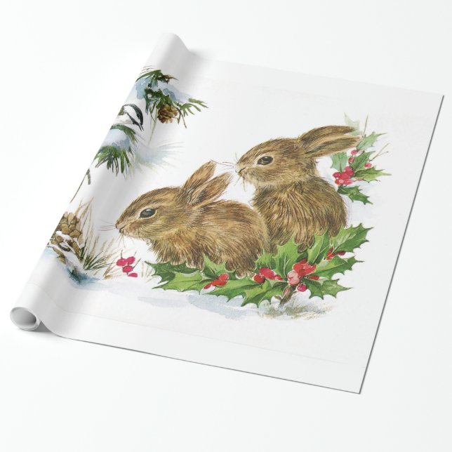 Vintage Christmas Bunnies Geschenkpapier (Ungerollt)