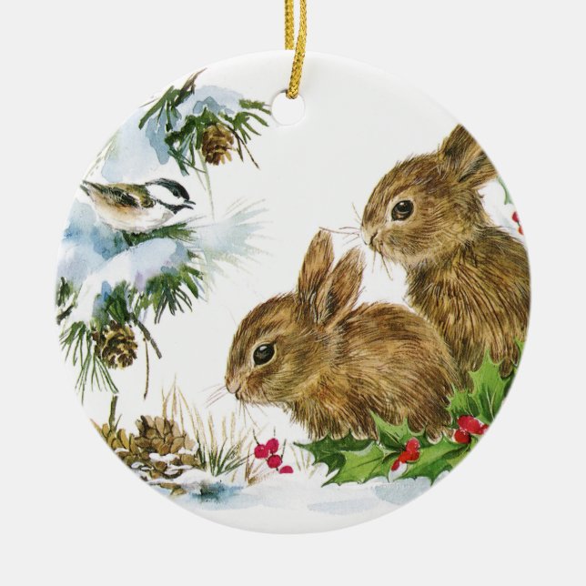 Vintage Christmas Bunnies Keramik Ornament (Vorne)