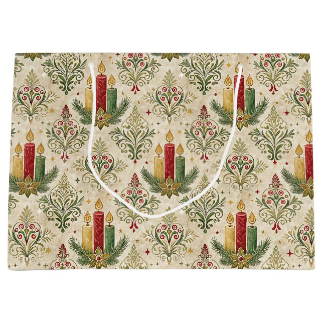 Vintage Christmas Candle Damask Pattern Holiday Große Geschenktüte (Vorderseite)