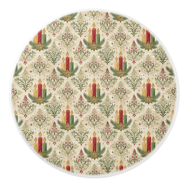 Vintage Christmas Candle Damask Pattern  Keramikknauf (Vorderseite)