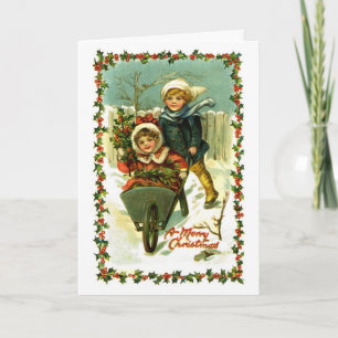 Vintage Christmas Card Children in Snow Feiertagskarte