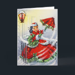 Vintage Christmas Card with Young Girl Feiertagskarte<br><div class="desc">Vintage Christmas Card with Young Girl Southern Belle in dress and parasol leaving the porch under a lantern.</div>
