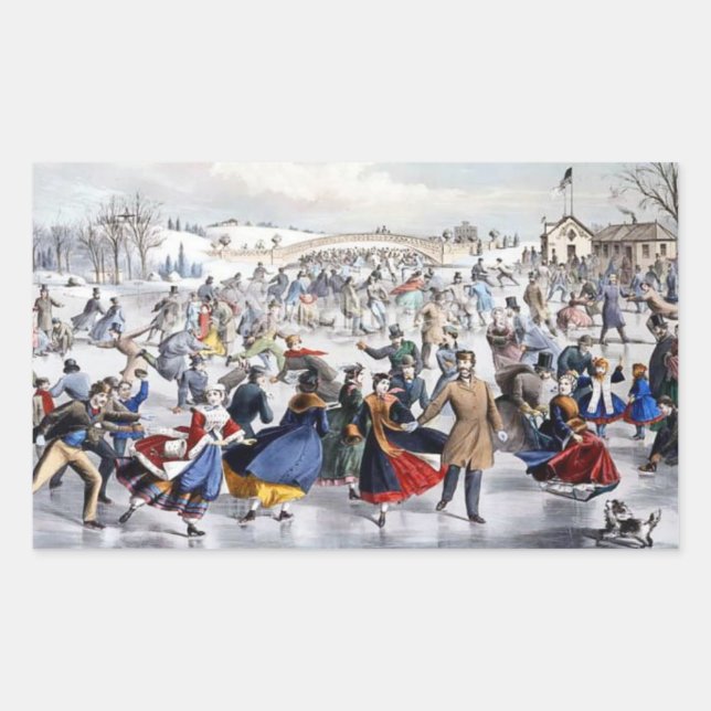 Vintage Christmas Central Park Ice Skater Rechteckiger Aufkleber (Vorderseite)