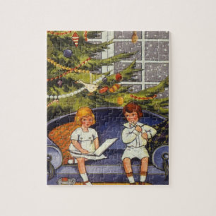 Vintage Christmas, Children Sitting on a Couch Puzzle