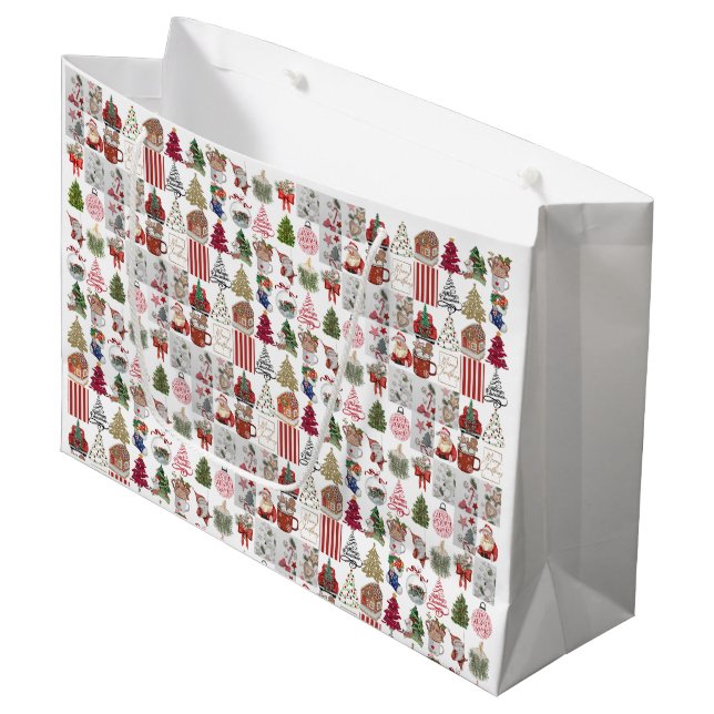 Vintage Christmas Collage Paper | Retro Holiday Große Geschenktüte (Vorderseite Schrägansicht)