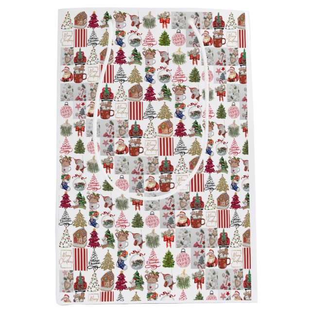 Vintage Christmas Collage | Retro Holiday Geschenk Mittlere Geschenktüte (Vorderseite)