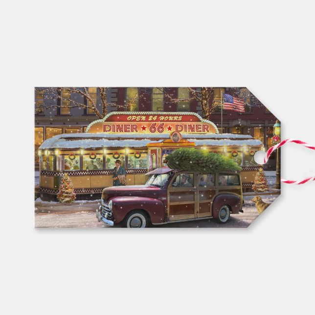 Vintage Christmas Diner Geschenkanhänger (Vorderseite (Horizontal))