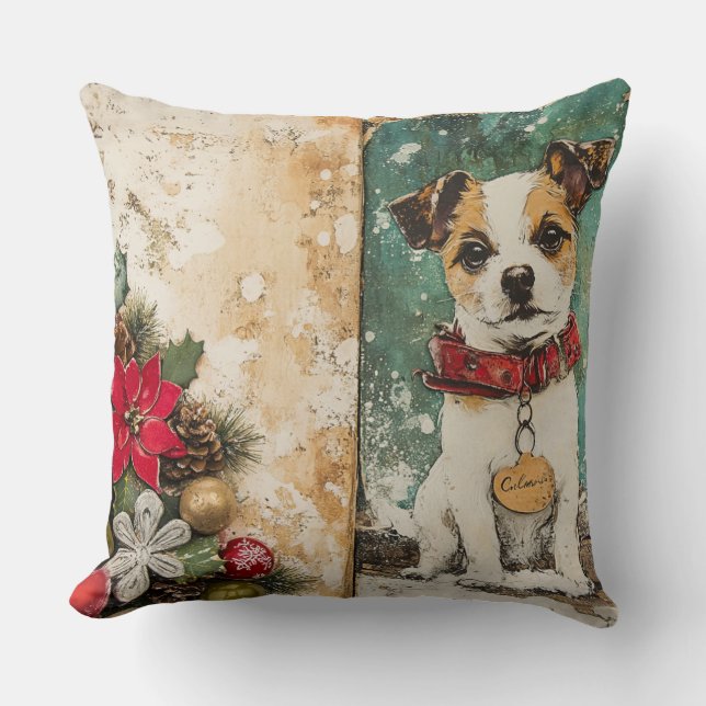 Vintage Christmas Dog Pillow - Rustic Holiday Kissen (Vorderseite)