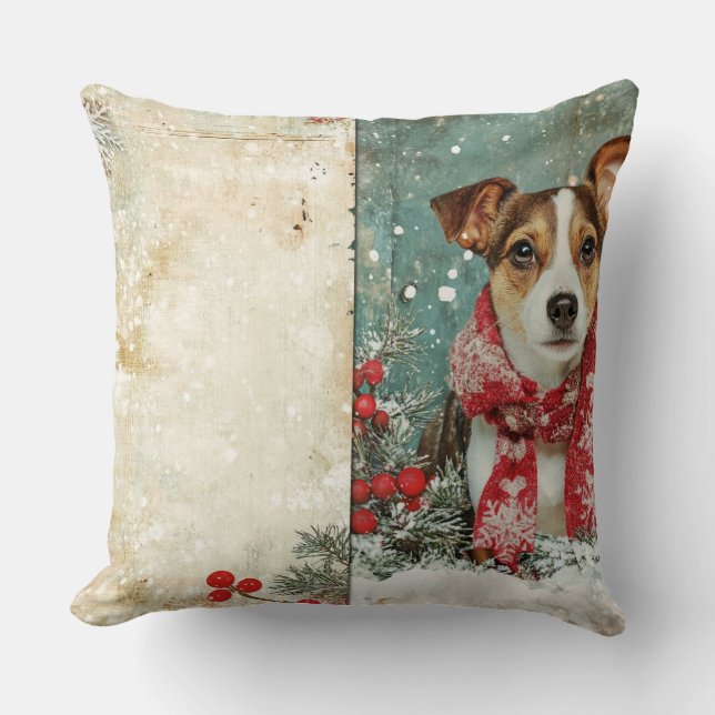 Vintage Christmas Dog Pillow - Rustic Holiday Kissen (Vorderseite)