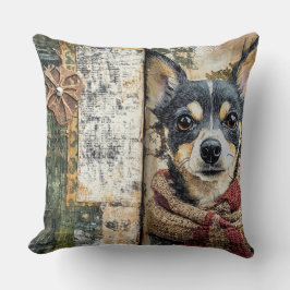 Vintage Christmas Dog Pillow - Rustic Holiday Kissen