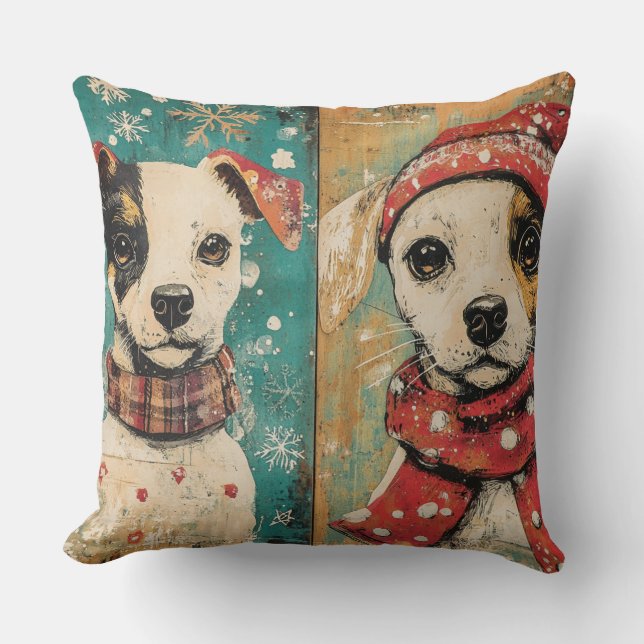 Vintage Christmas Dog Pillow - Rustic Holiday Kissen (Vorderseite)