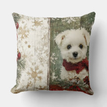 Vintage Christmas Dog Pillow - Rustic Holiday