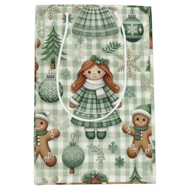 Vintage Christmas Doll Medium Gift Bag Mittlere Geschenktüte (Vorderseite)