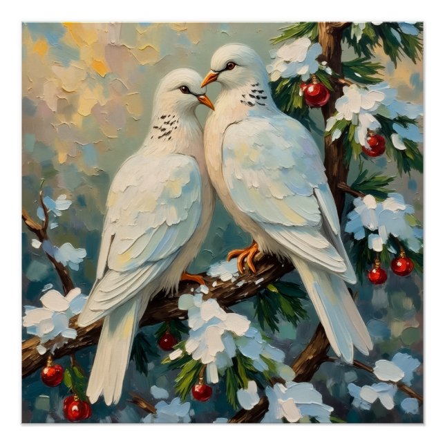 Vintage Christmas Doves on Snowy Evergreen Branch Poster (Vorderseite)