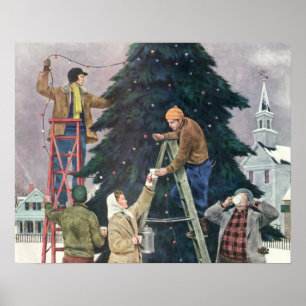 Vintage Christmas, Family Stringing Lights on Tree Poster