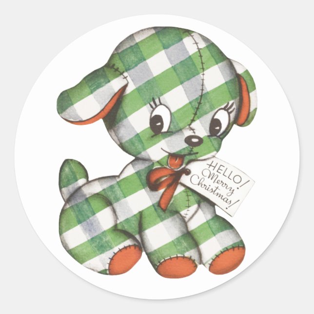 Vintage Christmas Gingham Puppy Dog Stufftier Runder Aufkleber (Vorderseite)