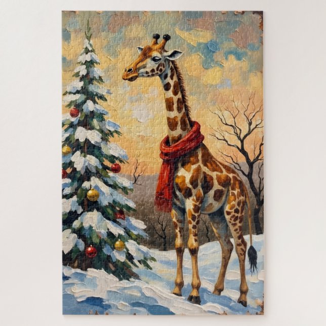 Vintage Christmas Giraffe in Snowy Savanna Puzzle (Vertikal)