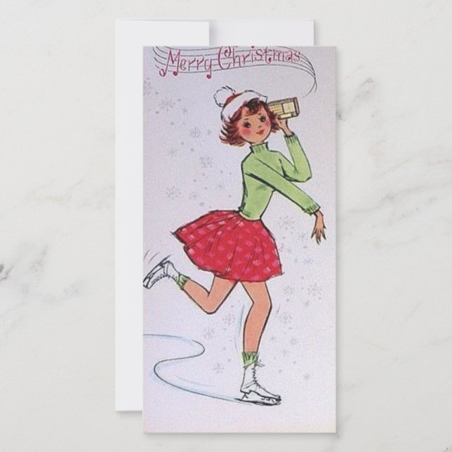 Vintage Christmas Girl Abbildung Skaten Feiertagskarte (Vorderseite)