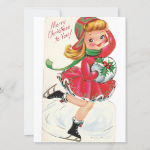 Vintage Christmas Girl Abbildung Skaten Feiertagskarte