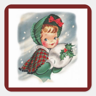 Vintage Christmas Girl Holding Holly Quadratischer Aufkleber